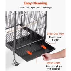 VEVOR Bird Cage, 18 x 18 x 30 inch, Open Flat Top, Wrought Iron Bird Flight Cage with Perches, Slide-Out Tray and Plastic Feeders, Casters, for Parrot, Blue Tit, Cockatiel, Canary, Budgerigar, Conure