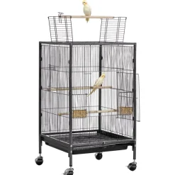 VEVOR Bird Cage, 18 x 18 x 30 inch, Open Flat Top, Wrought Iron Bird Flight Cage with Perches, Slide-Out Tray and Plastic Feeders, Casters, for Parrot, Blue Tit, Cockatiel, Canary, Budgerigar, Conure