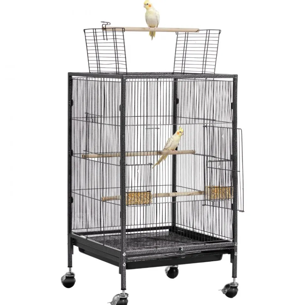 VEVOR Bird Cage, 18 x 18 x 30 inch, Open Flat Top, Wrought Iron Bird Flight Cage with Perches, Slide-Out Tray and Plastic Feeders, Casters, for Parrot, Blue Tit, Cockatiel, Canary, Budgerigar, Conure