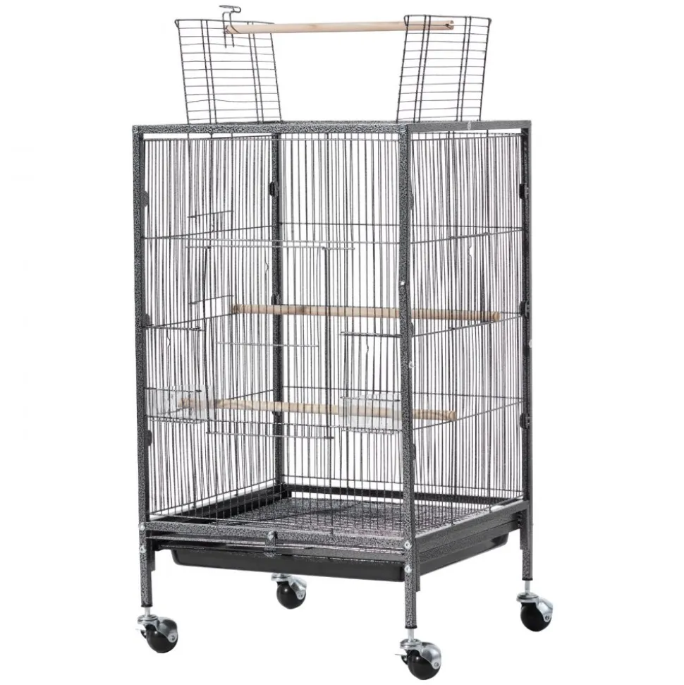 VEVOR Bird Cage, 18 x 18 x 30 inch, Open Flat Top, Wrought Iron Bird Flight Cage with Perches, Slide-Out Tray and Plastic Feeders, Casters, for Parrot, Blue Tit, Cockatiel, Canary, Budgerigar, Conure