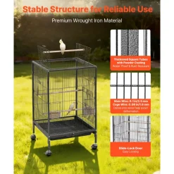 VEVOR Bird Cage, 18 x 18 x 30 inch, Open Flat Top, Wrought Iron Bird Flight Cage with Perches, Slide-Out Tray and Plastic Feeders, Casters, for Parrot, Blue Tit, Cockatiel, Canary, Budgerigar, Conure