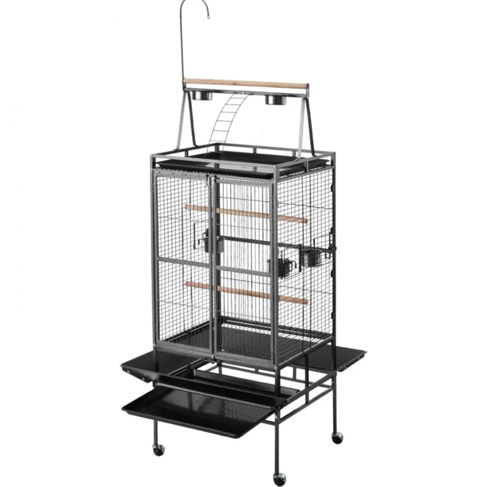 VEVOR Bird Cage, 32.7 x 31.1 x 82.7 inch, Open Flat Top, Wrought Iron Bird Flight Cage with Perches, Slide-Out Tray, Plastic Feeders, for Cockatiel, Monk Parakeet, Amazon Parrot, African Grey Parrot