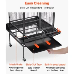 VEVOR Bird Cage, 32.7 x 31.1 x 82.7 inch, Open Flat Top, Wrought Iron Bird Flight Cage with Perches, Slide-Out Tray, Plastic Feeders, for Cockatiel, Monk Parakeet, Amazon Parrot, African Grey Parrot