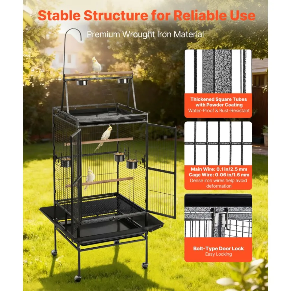 VEVOR Bird Cage, 32.7 x 31.1 x 82.7 inch, Open Flat Top, Wrought Iron Bird Flight Cage with Perches, Slide-Out Tray, Plastic Feeders, for Cockatiel, Monk Parakeet, Amazon Parrot, African Grey Parrot