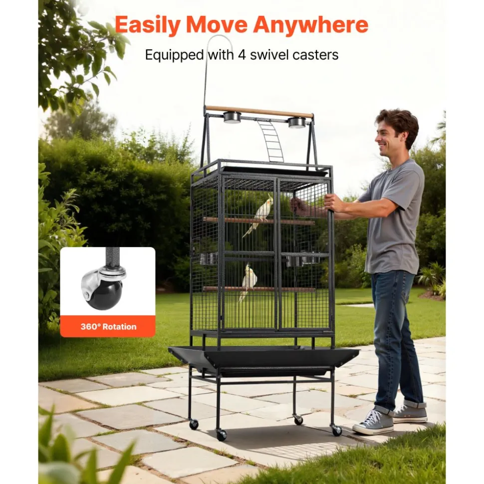 VEVOR Bird Cage, 32.7 x 31.1 x 82.7 inch, Open Flat Top, Wrought Iron Bird Flight Cage with Perches, Slide-Out Tray, Plastic Feeders, for Cockatiel, Monk Parakeet, Amazon Parrot, African Grey Parrot