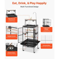 VEVOR Bird Cage, 32.7 x 31.1 x 82.7 inch, Open Flat Top, Wrought Iron Bird Flight Cage with Perches, Slide-Out Tray, Plastic Feeders, for Cockatiel, Monk Parakeet, Amazon Parrot, African Grey Parrot