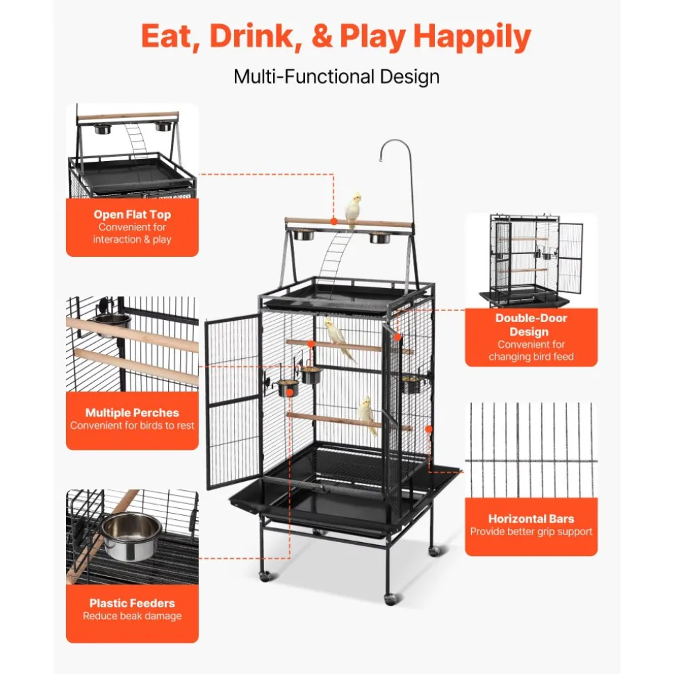 VEVOR Bird Cage, 32.7 x 31.1 x 82.7 inch, Open Flat Top, Wrought Iron Bird Flight Cage with Perches, Slide-Out Tray, Plastic Feeders, for Cockatiel, Monk Parakeet, Amazon Parrot, African Grey Parrot