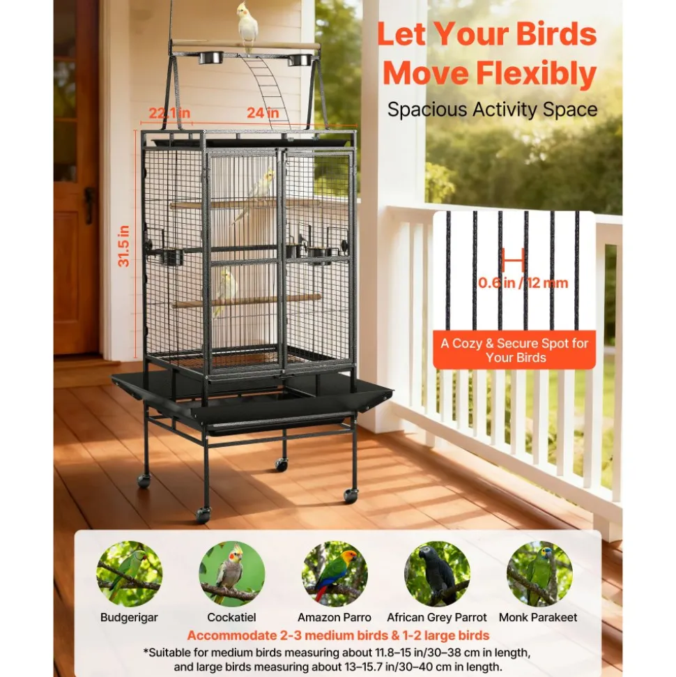 VEVOR Bird Cage, 32.7 x 31.1 x 82.7 inch, Open Flat Top, Wrought Iron Bird Flight Cage with Perches, Slide-Out Tray, Plastic Feeders, for Cockatiel, Monk Parakeet, Amazon Parrot, African Grey Parrot