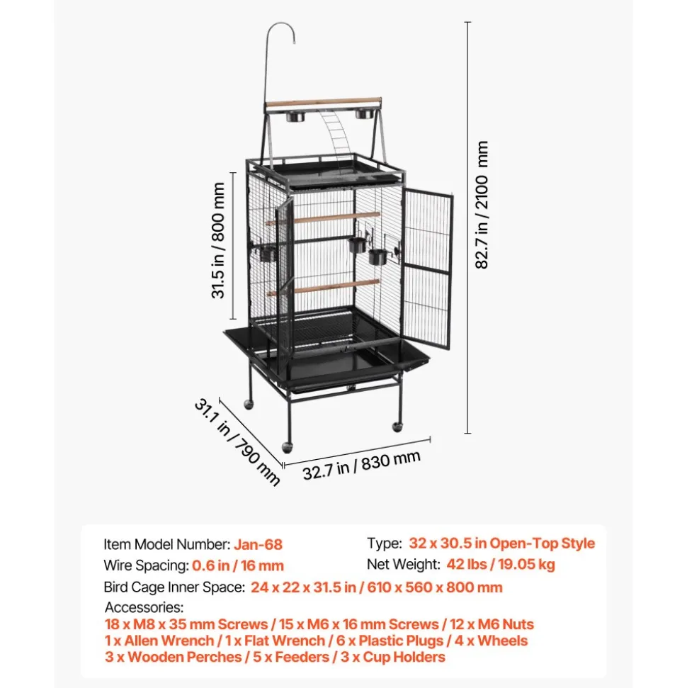 VEVOR Bird Cage, 32.7 x 31.1 x 82.7 inch, Open Flat Top, Wrought Iron Bird Flight Cage with Perches, Slide-Out Tray, Plastic Feeders, for Cockatiel, Monk Parakeet, Amazon Parrot, African Grey Parrot