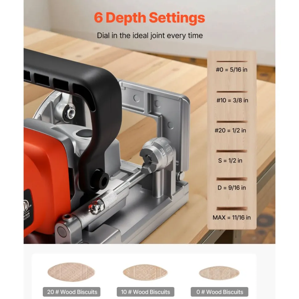 VEVOR Biscuit Plate Joiner, 5.9A, Plate Joiner Tool Kit with 11,600 RPM 760W Motor, 45-Degree Locating Notch, Carbide Tipped Blade, Wood Biscuits, Dust Bag, Adjustable Angle & Depth, for Woodworking