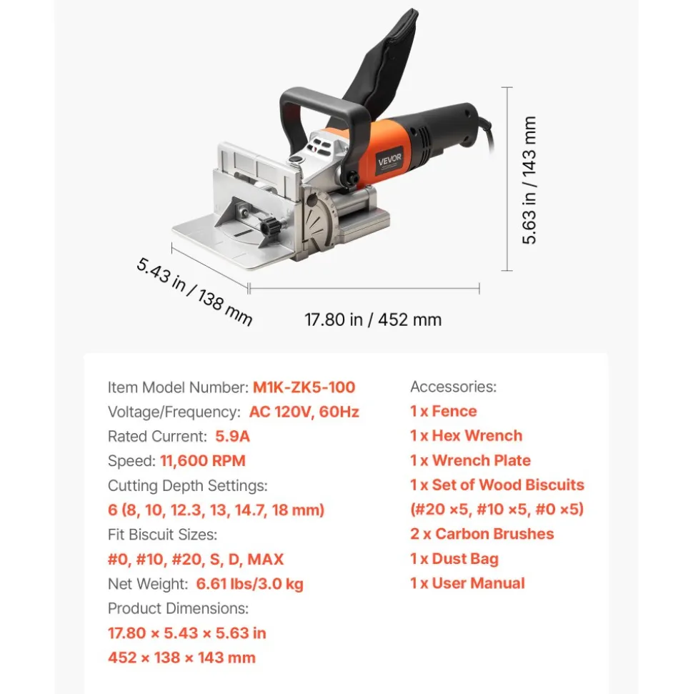 VEVOR Biscuit Plate Joiner, 5.9A, Plate Joiner Tool Kit with 11,600 RPM 760W Motor, 45-Degree Locating Notch, Carbide Tipped Blade, Wood Biscuits, Dust Bag, Adjustable Angle & Depth, for Woodworking