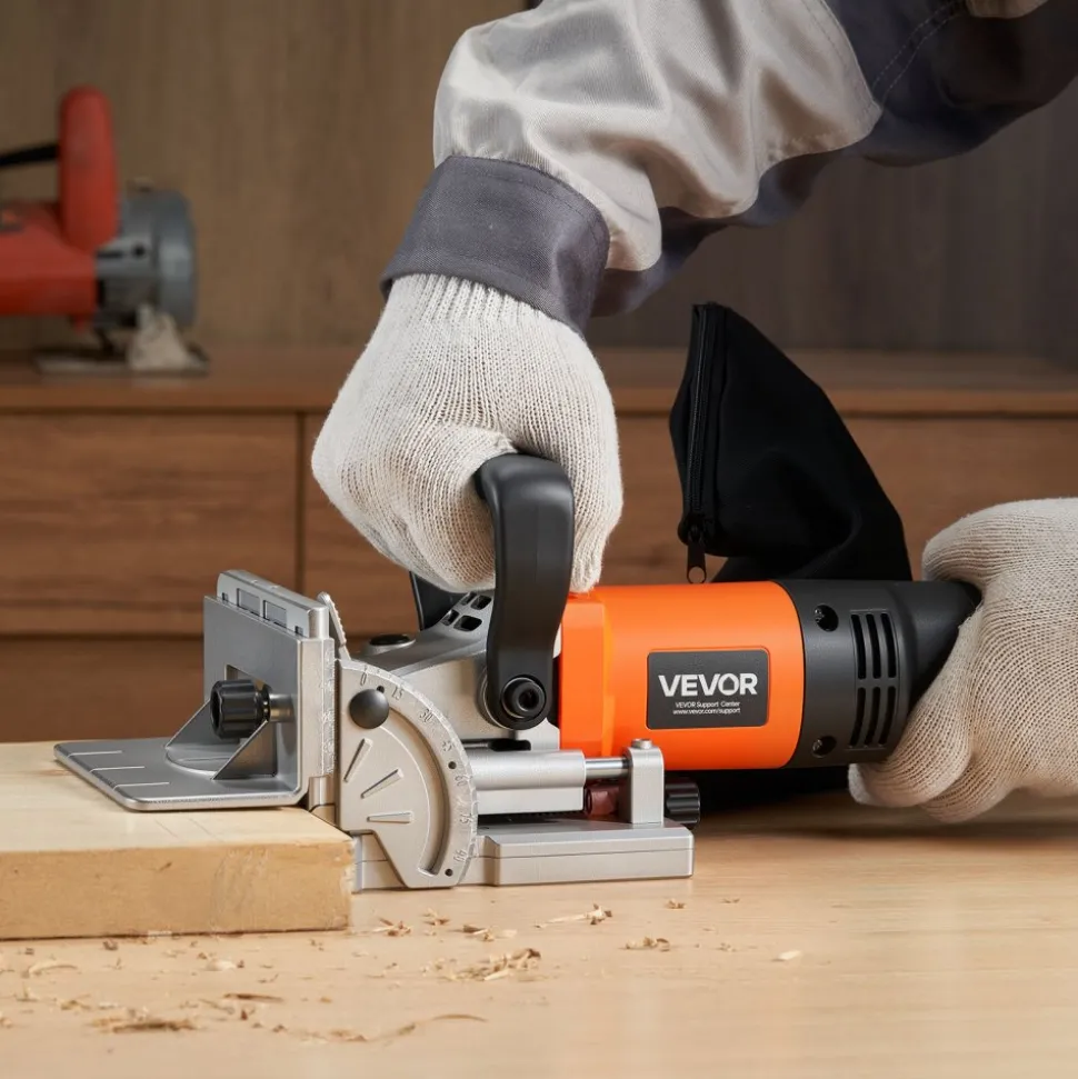 VEVOR Biscuit Plate Joiner, 5.9A, Plate Joiner Tool Kit with 11,600 RPM 760W Motor, 45-Degree Locating Notch, Carbide Tipped Blade, Wood Biscuits, Dust Bag, Adjustable Angle & Depth, for Woodworking