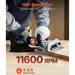 VEVOR Biscuit Plate Joiner, 5.9A, Plate Joiner Tool Kit with 11,600 RPM 760W Motor, 45-Degree Locating Notch, Carbide Tipped Blade, Wood Biscuits, Dust Bag, Adjustable Angle & Depth, for Woodworking