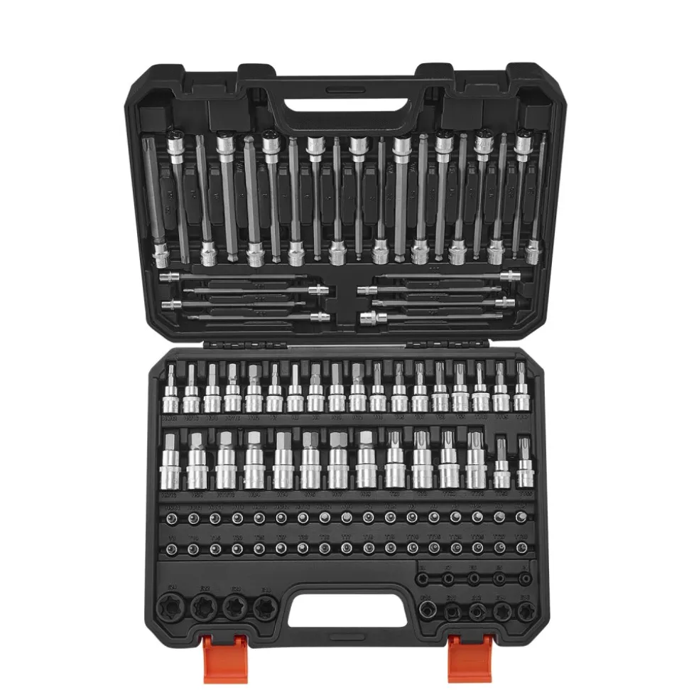 VEVOR Bit Socket Set, 107-Piece SAE and Metric, Hex/Torx/External Torx/Tamper-Proof/Extra Long, S2 Alloy Steel and Cr-V Steel, 1/4 in, 3/8 in, and 1/2 in Drives, with Enhanced Storage Case, Hand Use