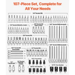 VEVOR Bit Socket Set, 107-Piece SAE and Metric, Hex/Torx/External Torx/Tamper-Proof/Extra Long, S2 Alloy Steel and Cr-V Steel, 1/4 in, 3/8 in, and 1/2 in Drives, with Enhanced Storage Case, Hand Use