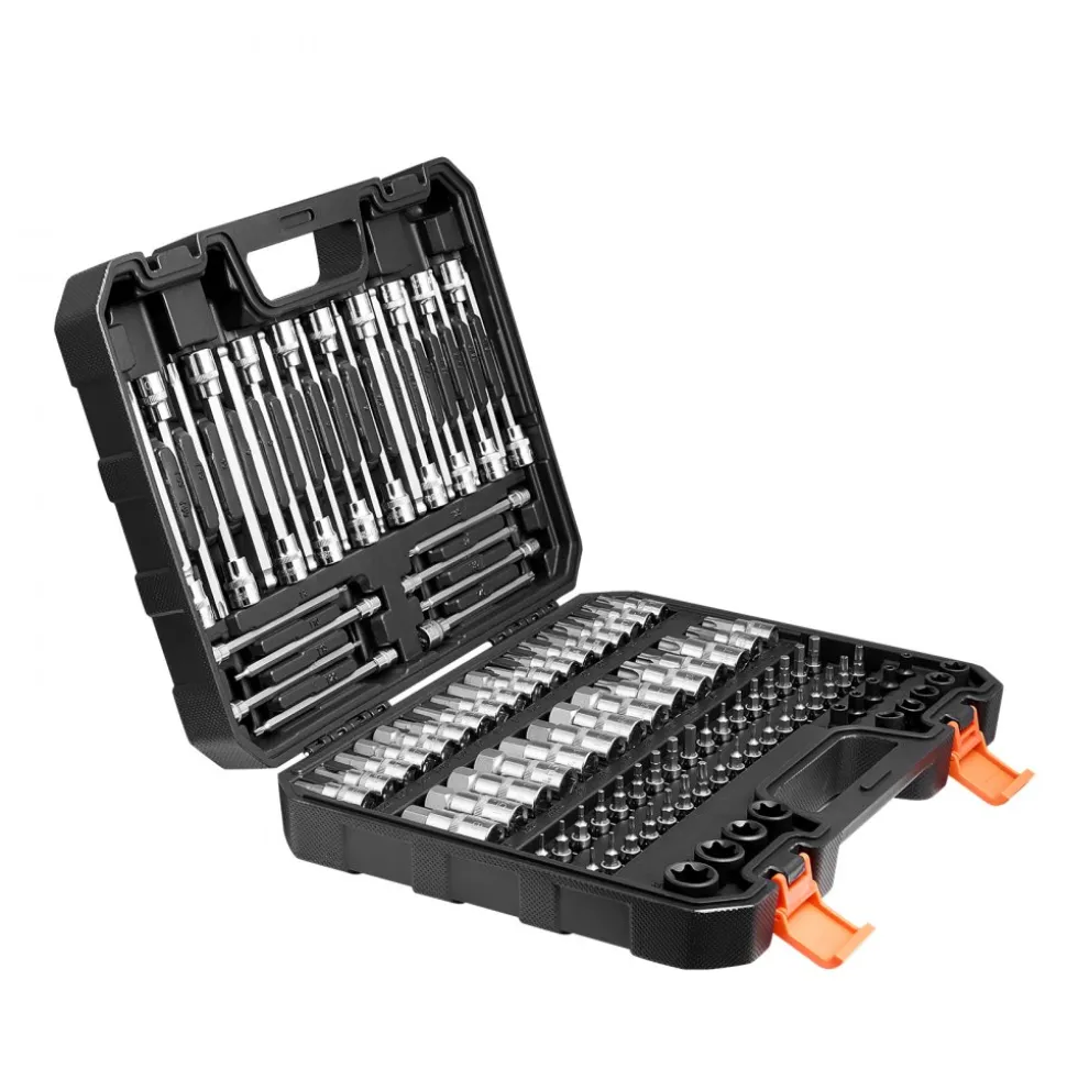 VEVOR Bit Socket Set, 107-Piece SAE and Metric, Hex/Torx/External Torx/Tamper-Proof/Extra Long, S2 Alloy Steel and Cr-V Steel, 1/4 in, 3/8 in, and 1/2 in Drives, with Enhanced Storage Case, Hand Use