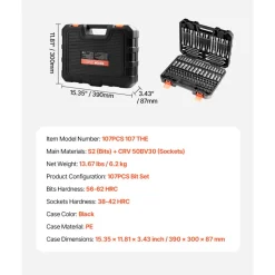 VEVOR Bit Socket Set, 107-Piece SAE and Metric, Hex/Torx/External Torx/Tamper-Proof/Extra Long, S2 Alloy Steel and Cr-V Steel, 1/4 in, 3/8 in, and 1/2 in Drives, with Enhanced Storage Case, Hand Use