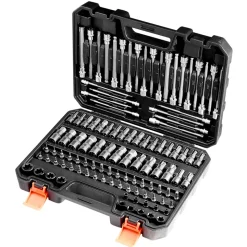VEVOR Bit Socket Set, 107-Piece SAE and Metric, Hex/Torx/External Torx/Tamper-Proof/Extra Long, S2 Alloy Steel and Cr-V Steel, 1/4 in, 3/8 in, and 1/2 in Drives, with Enhanced Storage Case, Hand Use
