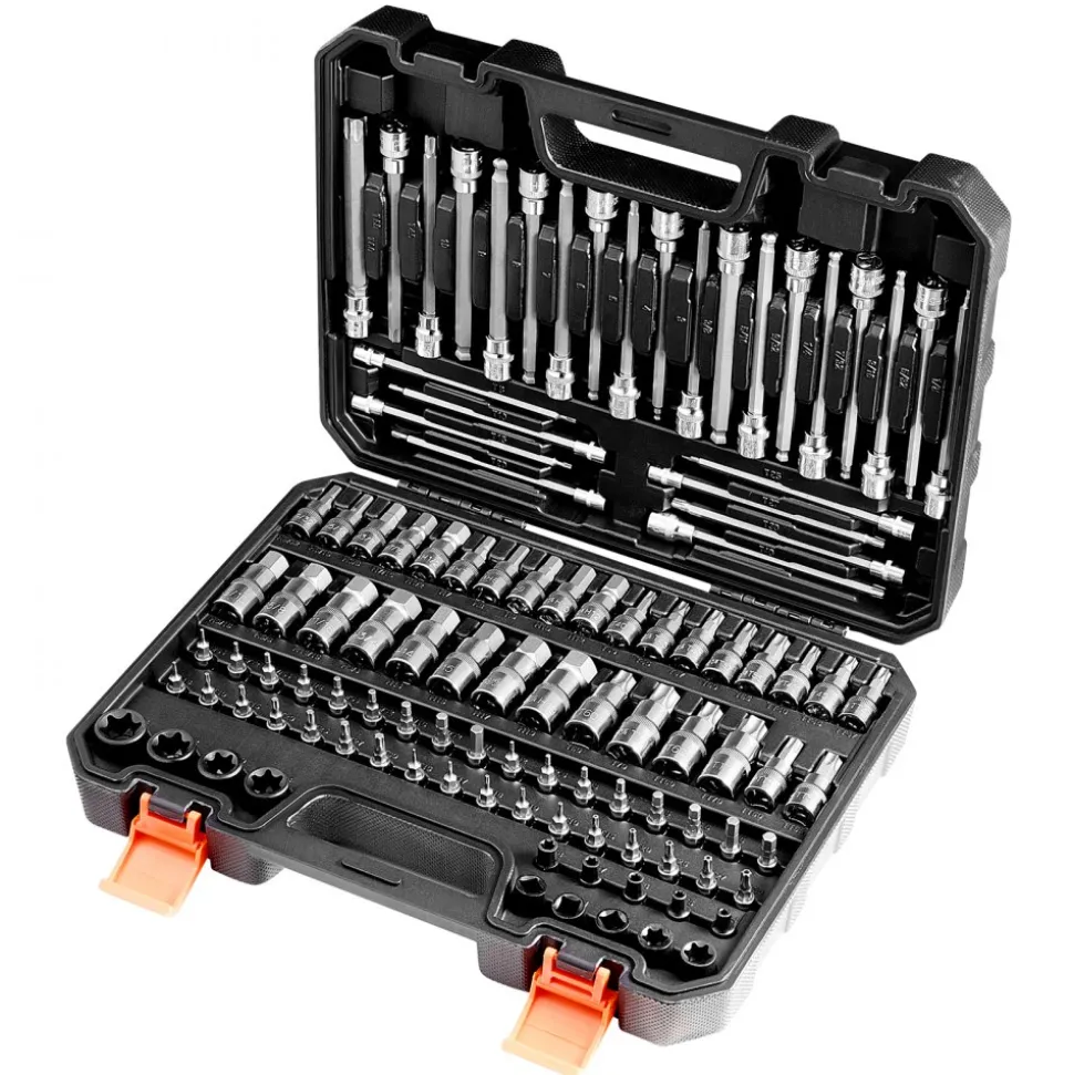 VEVOR Bit Socket Set, 107-Piece SAE and Metric, Hex/Torx/External Torx/Tamper-Proof/Extra Long, S2 Alloy Steel and Cr-V Steel, 1/4 in, 3/8 in, and 1/2 in Drives, with Enhanced Storage Case, Hand Use
