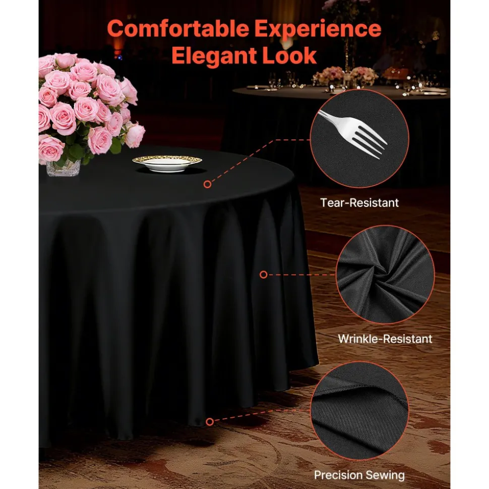 VEVOR Black Round Tablecloths 6 Pack, 120 Inches in Diameter, Stain- & Wrinkle- Resistant, Machine Washable Table Clothes, Polyester Fabric Table Covers for Wedding, Party, Banquet, Formal Events