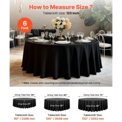 VEVOR Black Round Tablecloths 6 Pack, 120 Inches in Diameter, Stain- & Wrinkle- Resistant, Machine Washable Table Clothes, Polyester Fabric Table Covers for Wedding, Party, Banquet, Formal Events
