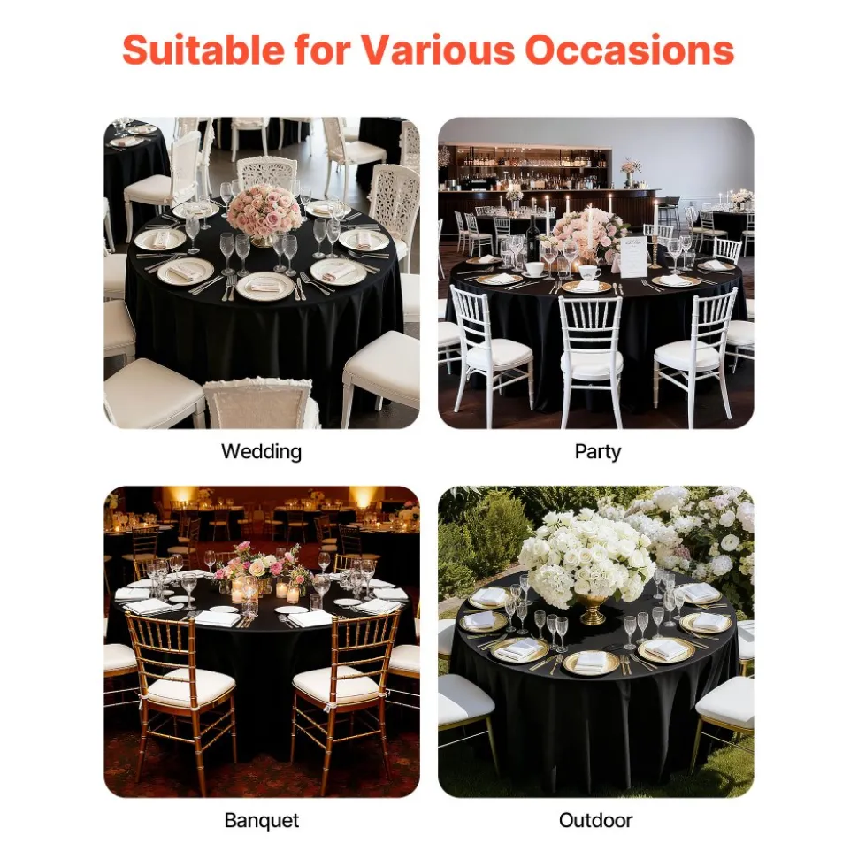 VEVOR Black Round Tablecloths 6 Pack, 120 Inches in Diameter, Stain- & Wrinkle- Resistant, Machine Washable Table Clothes, Polyester Fabric Table Covers for Wedding, Party, Banquet, Formal Events