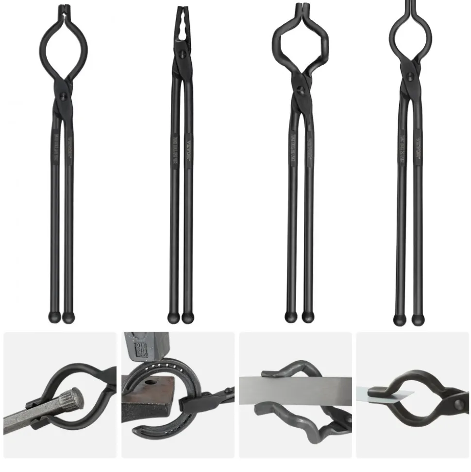 VEVOR Blacksmith Tongs, 18” 4 PCS, V-Bit Bolt Tongs, Wolf Jaw Tongs, Z V-Bit Tongs and Gripping Tongs, Carbon Steel Forge Tongs with A3 Steel Rivets, for Beginner and Seasoned Blacksmiths, Bladesmiths