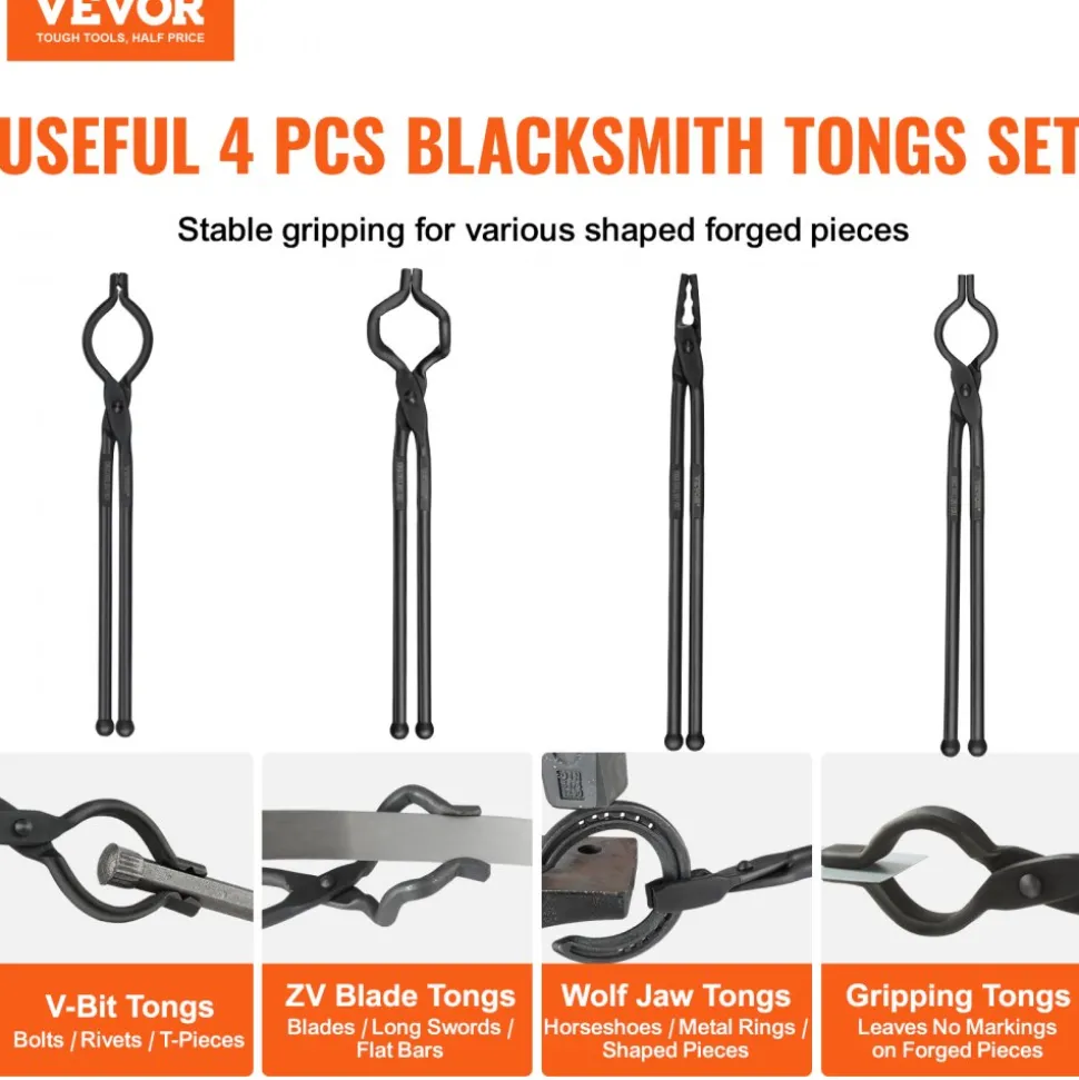 VEVOR Blacksmith Tongs, 18” 4 PCS, V-Bit Bolt Tongs, Wolf Jaw Tongs, Z V-Bit Tongs and Gripping Tongs, Carbon Steel Forge Tongs with A3 Steel Rivets, for Beginner and Seasoned Blacksmiths, Bladesmiths
