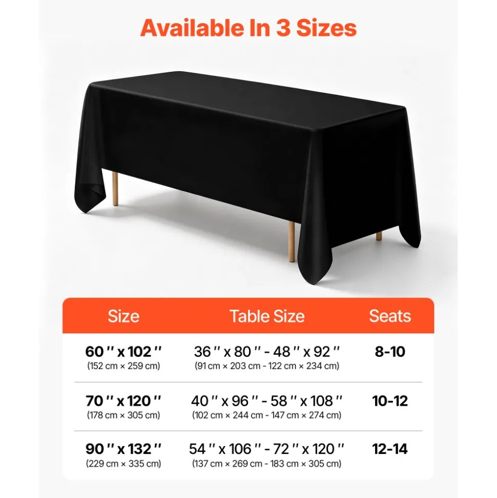 VEVOR Black Tablecloths for Rectangle Tables, 6 Pack, 70 x 120 Inches, Reusable and Machine Washable Table Clothes, Wrinkle-Resistant Polyester Fabric Table Covers for Wedding, Party, Banquet