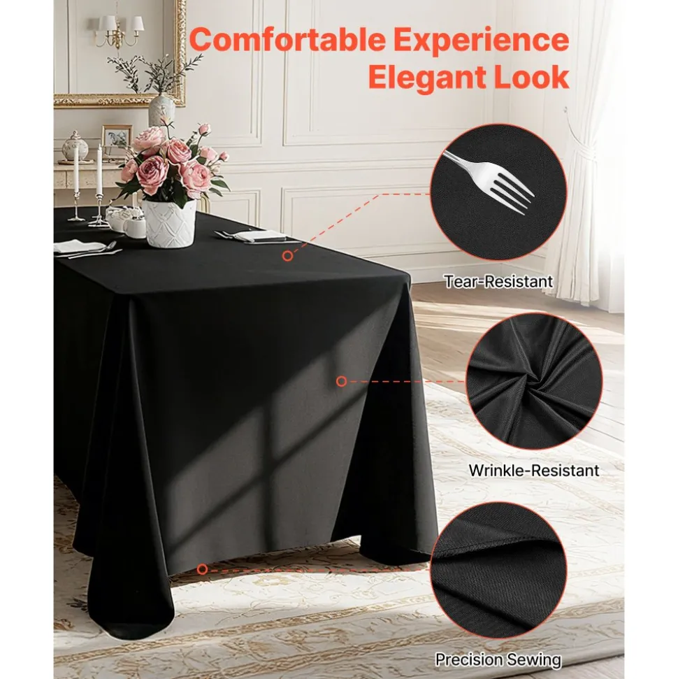 VEVOR Black Tablecloths for Rectangle Tables, 6 Pack, 70 x 120 Inches, Reusable and Machine Washable Table Clothes, Wrinkle-Resistant Polyester Fabric Table Covers for Wedding, Party, Banquet