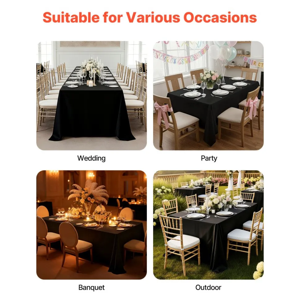 VEVOR Black Tablecloths for Rectangle Tables, 6 Pack, 70 x 120 Inches, Reusable and Machine Washable Table Clothes, Wrinkle-Resistant Polyester Fabric Table Covers for Wedding, Party, Banquet