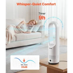 VEVOR Bladeless Tower Fan, 80° Oscillating Standing Fan, 8 Speeds & 9-Hour Timer, 15.42 ft High Velocity Floor Air Circulator, Powerful Airflow with Remote for Bedroom, Living Room, Home, Office,White