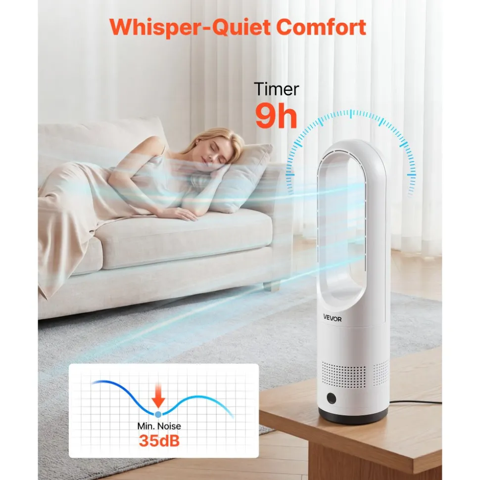 VEVOR Bladeless Tower Fan, 80° Oscillating Standing Fan, 8 Speeds & 9-Hour Timer, 15.42 ft High Velocity Floor Air Circulator, Powerful Airflow with Remote for Bedroom, Living Room, Home, Office,White