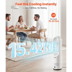 VEVOR Bladeless Tower Fan, 80° Oscillating Standing Fan, 8 Speeds & 9-Hour Timer, 15.42 ft High Velocity Floor Air Circulator, Powerful Airflow with Remote for Bedroom, Living Room, Home, Office,White