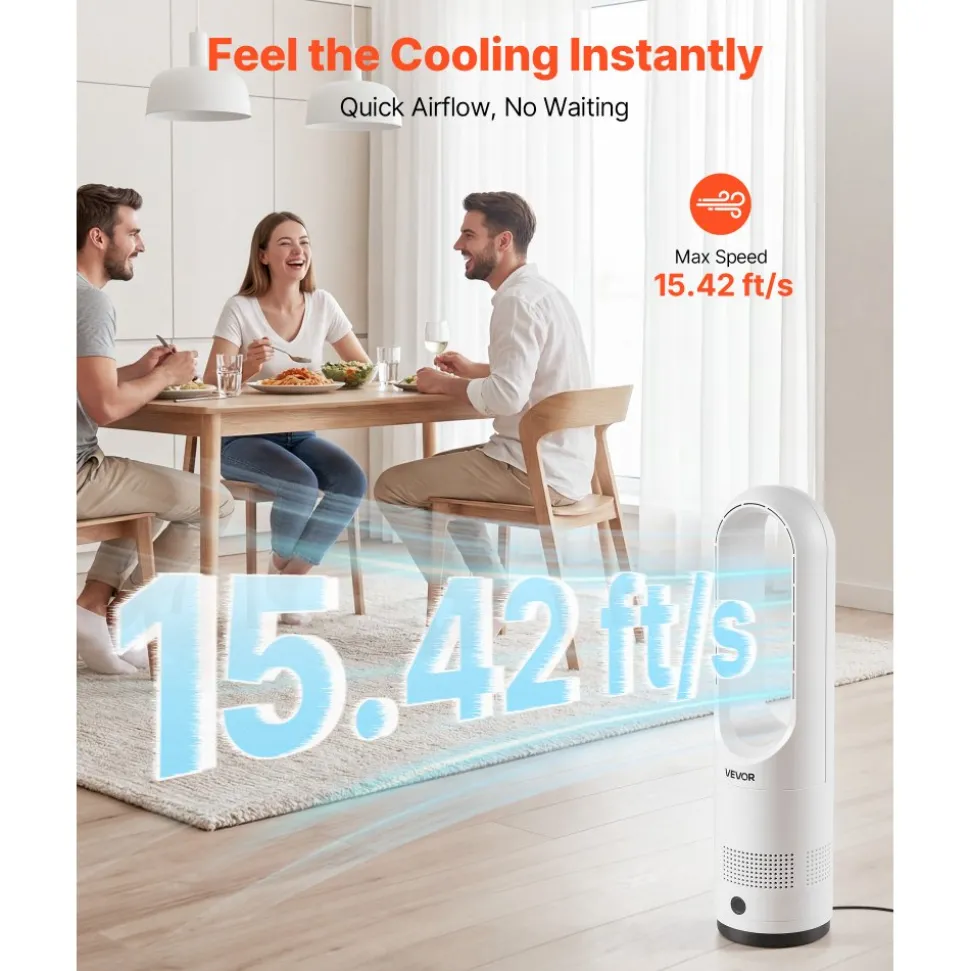 VEVOR Bladeless Tower Fan, 80° Oscillating Standing Fan, 8 Speeds & 9-Hour Timer, 15.42 ft High Velocity Floor Air Circulator, Powerful Airflow with Remote for Bedroom, Living Room, Home, Office,White