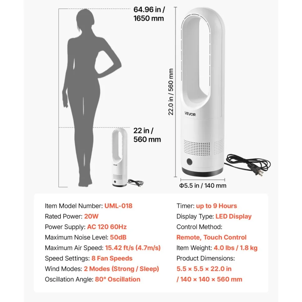 VEVOR Bladeless Tower Fan, 80° Oscillating Standing Fan, 8 Speeds & 9-Hour Timer, 15.42 ft High Velocity Floor Air Circulator, Powerful Airflow with Remote for Bedroom, Living Room, Home, Office,White