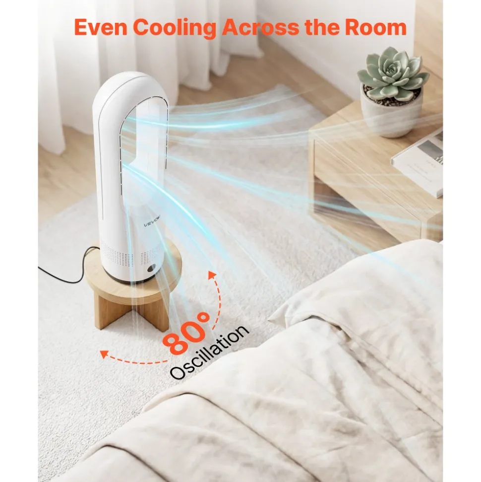 VEVOR Bladeless Tower Fan, 80° Oscillating Standing Fan, 8 Speeds & 9-Hour Timer, 15.42 ft High Velocity Floor Air Circulator, Powerful Airflow with Remote for Bedroom, Living Room, Home, Office,White