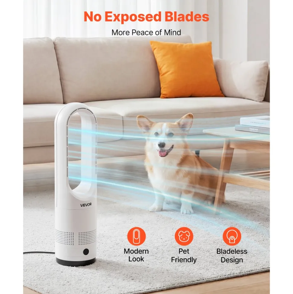 VEVOR Bladeless Tower Fan, 80° Oscillating Standing Fan, 8 Speeds & 9-Hour Timer, 15.42 ft High Velocity Floor Air Circulator, Powerful Airflow with Remote for Bedroom, Living Room, Home, Office,White