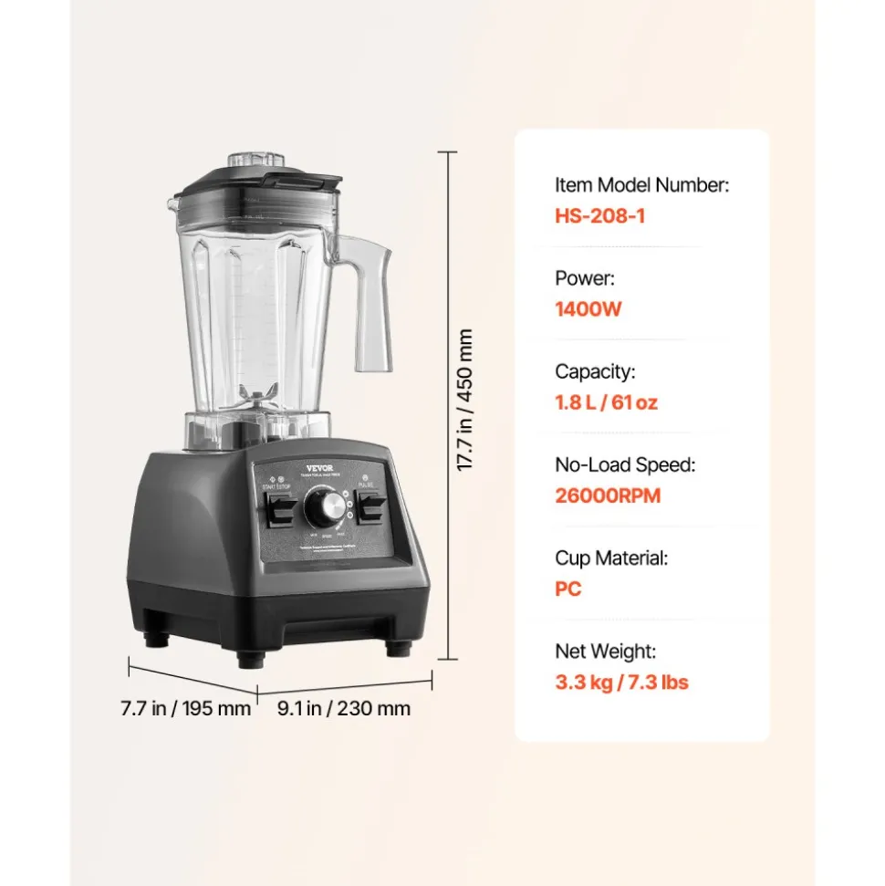 VEVOR Blender for Smoothies, 85 oz 1400W, Professional Blender with Powerful Motor, Multi-Functional Food Processing Blender with 2 Cups for Smoothie/Milkshake/Juice, Fits for Kitchen