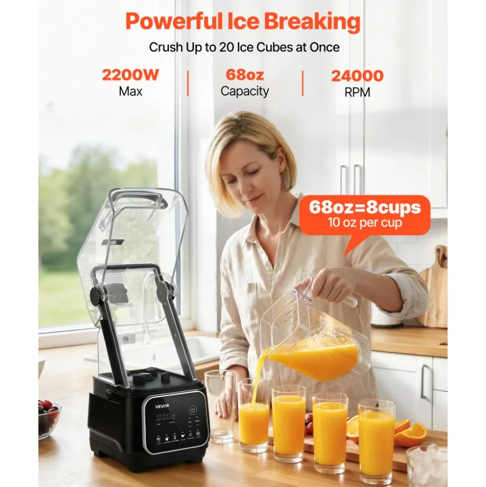 VEVOR Blender, 68 oz Professional Countertop Blenders with Shield, 2200W 26000RPM Kitchen Food Processor Combo, Self-Cleaning, Speed Adjustable, 6 Preset Menu for Smoothies, Ice Crushing, Puree, Black
