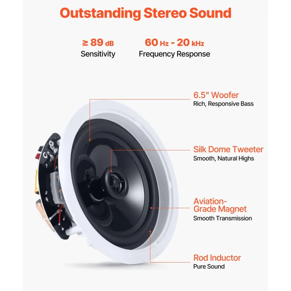 VEVOR Bluetooth Ceiling Speakers, 6.5", In Ceiling & In-Wall Speaker System with Amplifier, 2-Way, for Damp and Humid Placement, Home Theater, Covered Outdoor Patio and Flush Mount Wired, 4 Speakers