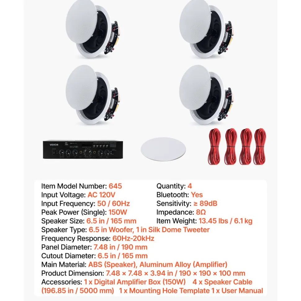 VEVOR Bluetooth Ceiling Speakers, 6.5", In Ceiling & In-Wall Speaker System with Amplifier, 2-Way, for Damp and Humid Placement, Home Theater, Covered Outdoor Patio and Flush Mount Wired, 4 Speakers