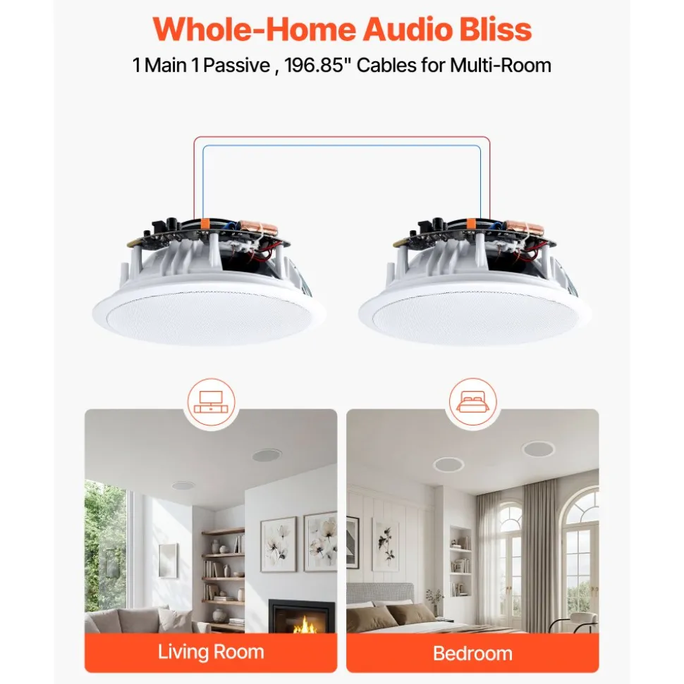 VEVOR Bluetooth Ceiling Speakers, 8", In Ceiling & In-Wall Speaker System with Amplifier, 2-Way Flush Mount Speakers, for Damp Humid Placement, Home Theater, Living Room, or Covered Patio, 1 Pair