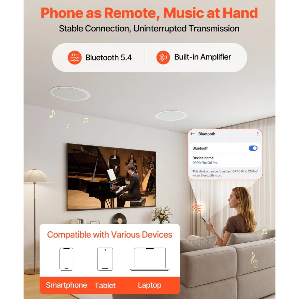 VEVOR Bluetooth Ceiling Speakers, 8", In Ceiling & In-Wall Speaker System with Amplifier, 2-Way Flush Mount Speakers, for Damp Humid Placement, Home Theater, Living Room, or Covered Patio, 1 Pair