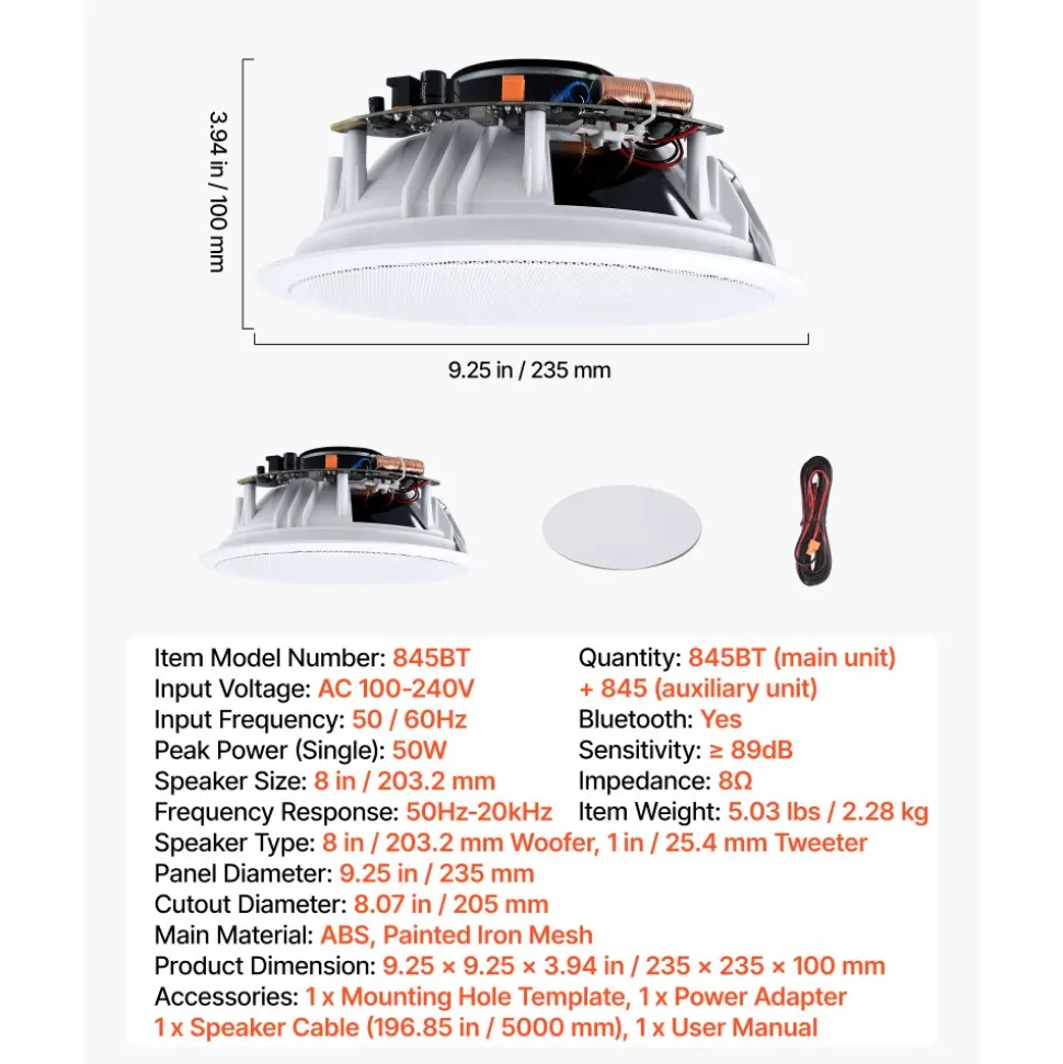 VEVOR Bluetooth Ceiling Speakers, 8", In Ceiling & In-Wall Speaker System with Amplifier, 2-Way Flush Mount Speakers, for Damp Humid Placement, Home Theater, Living Room, or Covered Patio, 1 Pair