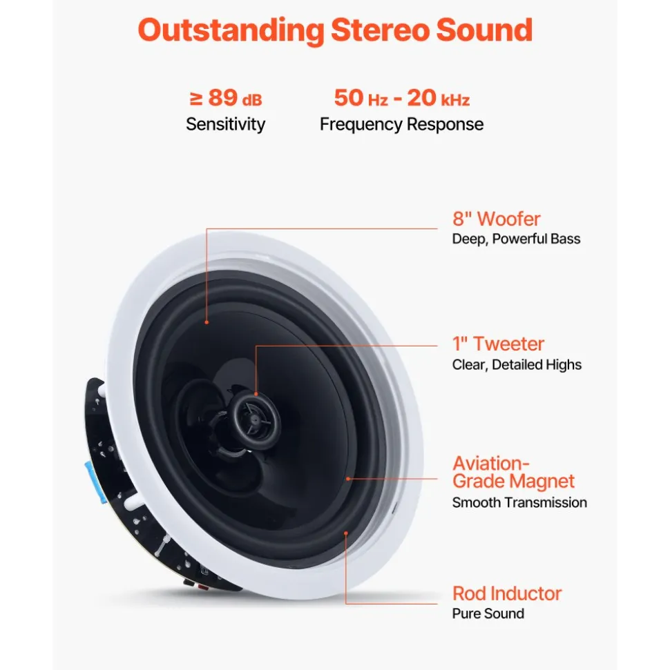 VEVOR Bluetooth Ceiling Speakers, 8", In Ceiling & In-Wall Speaker System with Amplifier, 2-Way Flush Mount Speakers, for Damp Humid Placement, Home Theater, Living Room, or Covered Patio, 1 Pair