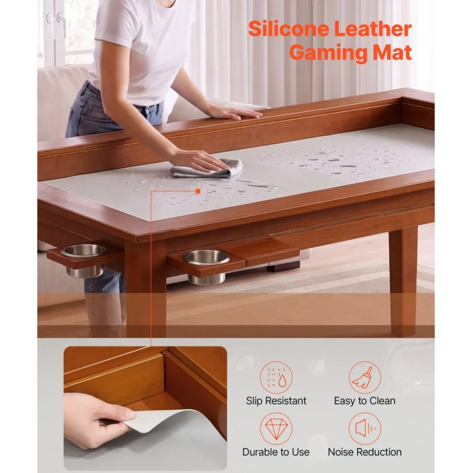 VEVOR Board Game Table 2-in-1 Gaming and Dining Table 63 x 39.4 x 30 in, Roomy for 6 Players, with Removable Tabletop, Leather Gaming Mat, 6 Cup Holders & Sliding Trays, 440LBS Solid Wood Support