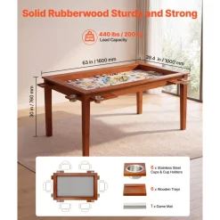 VEVOR Board Game Table 2-in-1 Gaming and Dining Table 63 x 39.4 x 30 in, Roomy for 6 Players, with Removable Tabletop, Leather Gaming Mat, 6 Cup Holders & Sliding Trays, 440LBS Solid Wood Support
