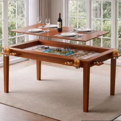 VEVOR Board Game Table 2-in-1 Gaming and Dining Table 63 x 39.4 x 30 in, Roomy for 6 Players, with Removable Tabletop, Leather Gaming Mat, 6 Cup Holders & Sliding Trays, 440LBS Solid Wood Support