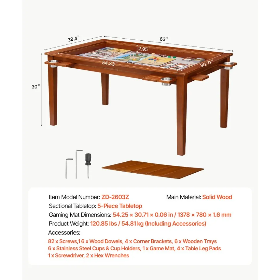 VEVOR Board Game Table 2-in-1 Gaming and Dining Table 63 x 39.4 x 30 in, Roomy for 6 Players, with Removable Tabletop, Leather Gaming Mat, 6 Cup Holders & Sliding Trays, 440LBS Solid Wood Support